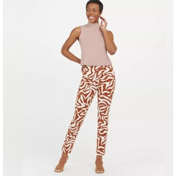 SPANX On-the-Go Ankle Slim Straight Pant Pull On Clay Zebra Stripe Brown Women L - Picture 2 of 16